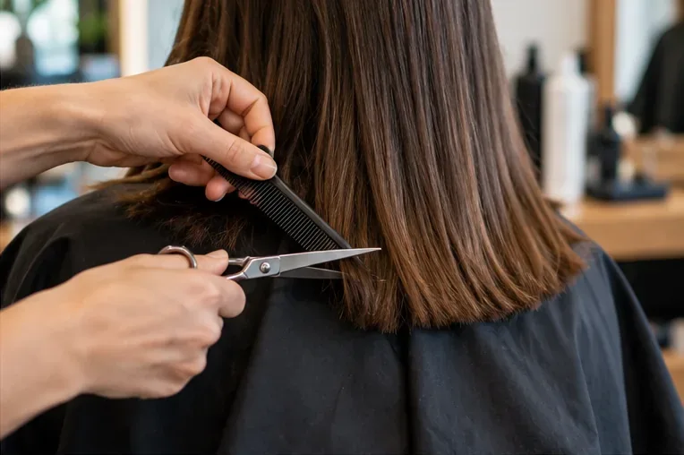 A hairstylist making a precise maintenance trim on straight brown hair
