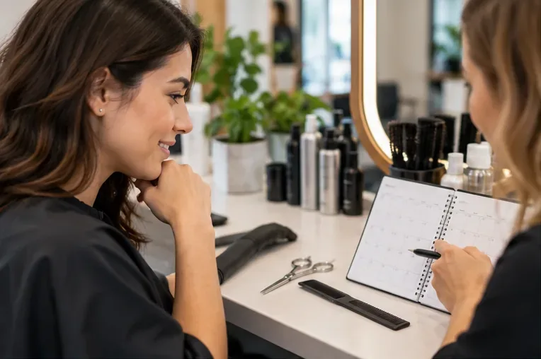 A salon client and stylist reviewing an appointment calendar beside haircutting tools