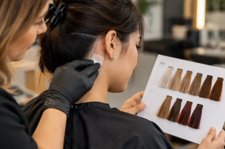 A stylist wearing gloves while a client compares professional hair color swatches
