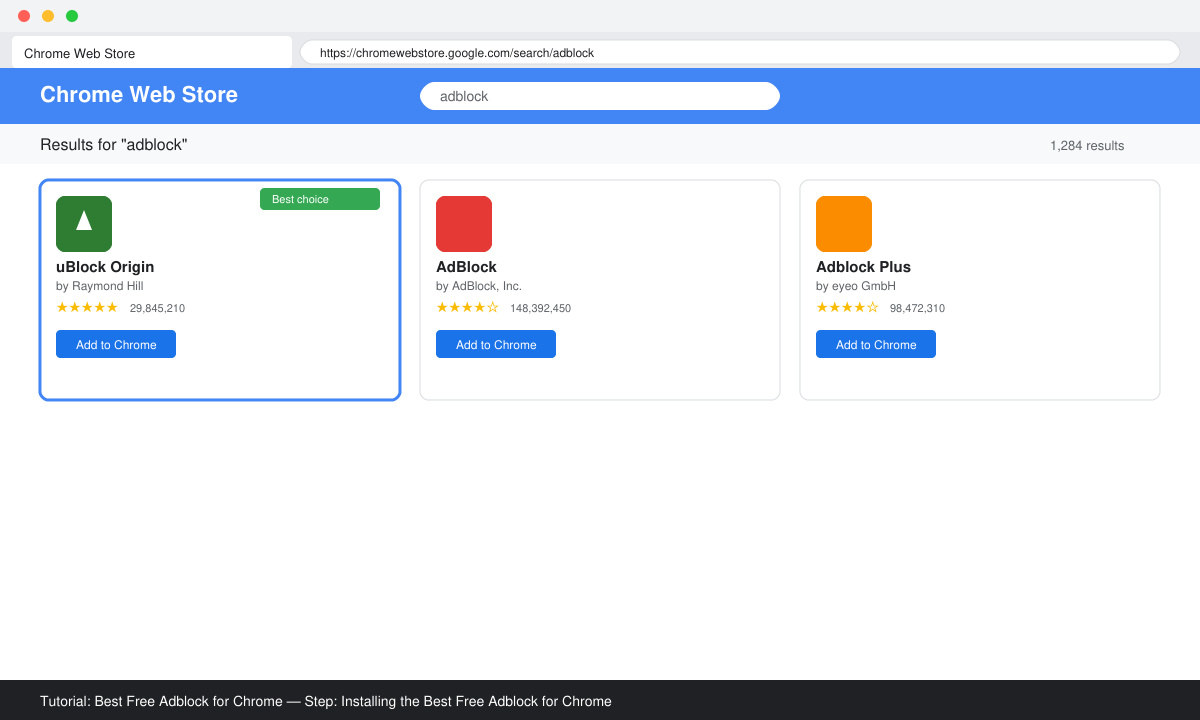Screenshot of Chrome Web Store search results page highlighting the official uBlock Origin extension listing