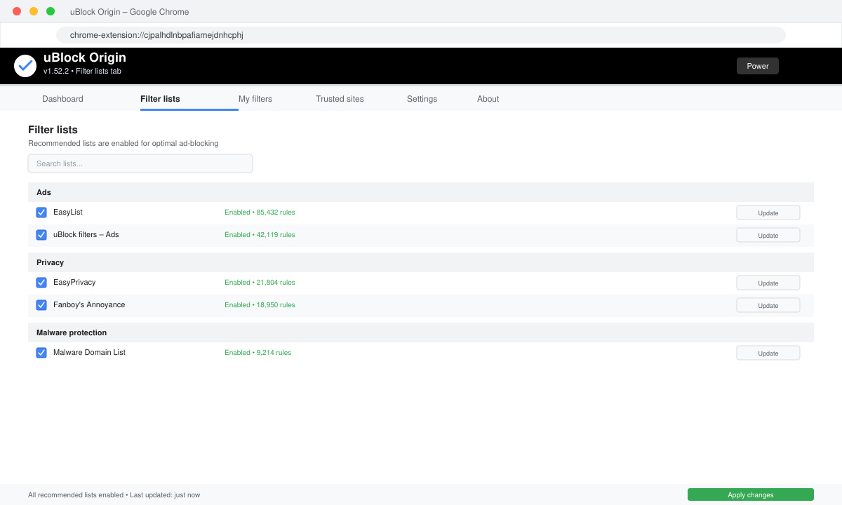 uBlock Origin dashboard open in Chrome showing filter lists tab with checkmarks next to recommended lists