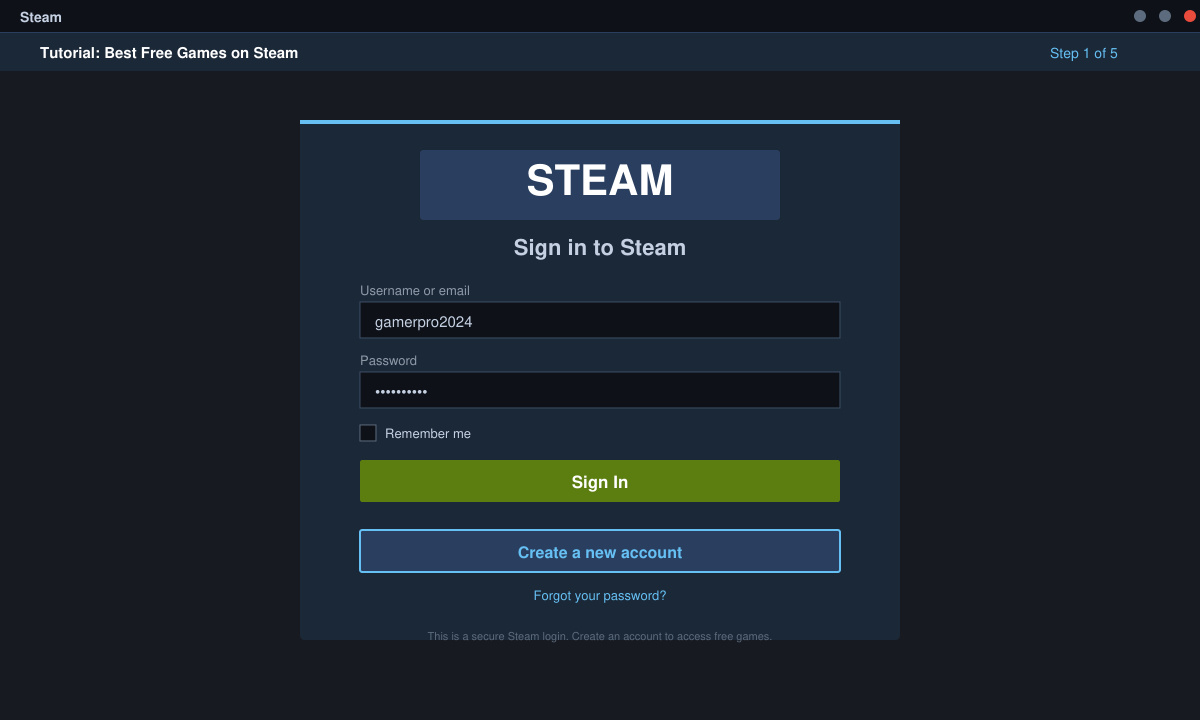 Steam login screen with the create account option clearly visible
