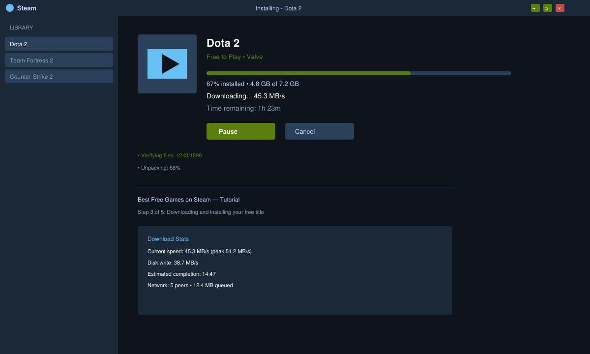 Game installation progress screen for a free Steam title with download speed and remaining time displayed