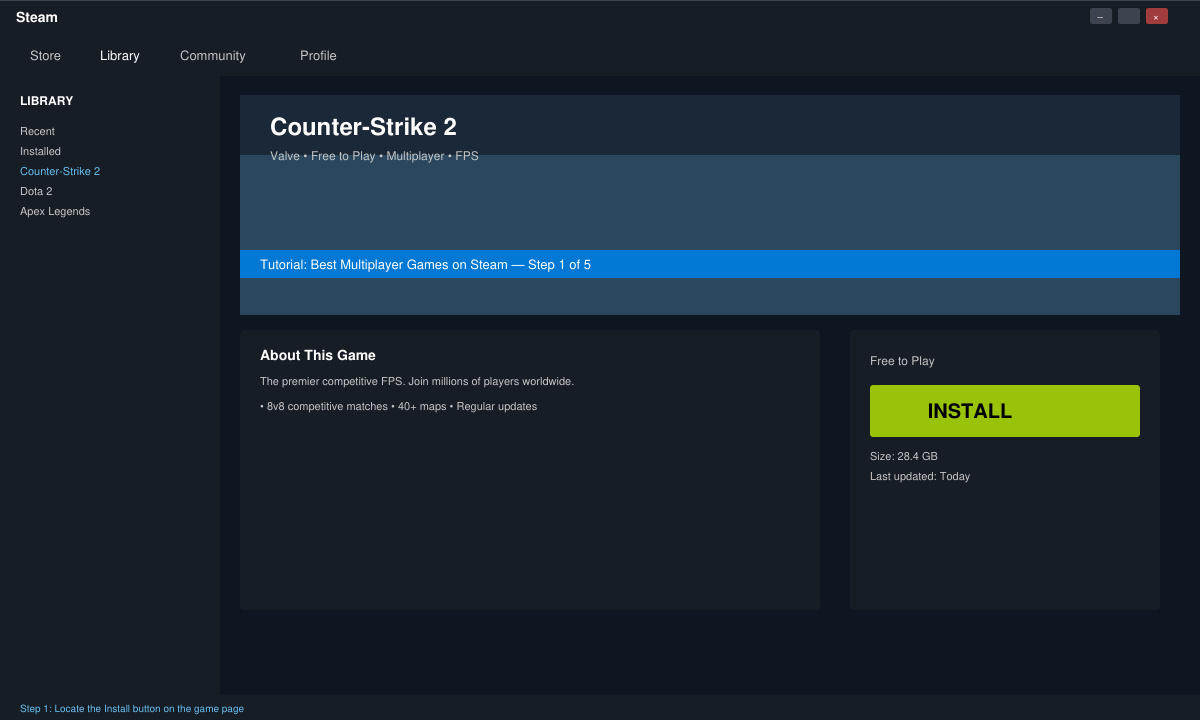 Screenshot of the Steam client installation screen with the download button highlighted