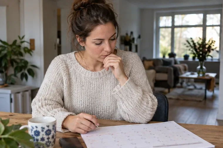 Een vrouw bekijkt aan een eettafel een papieren kalender voordat ze een kappersafspraak plant