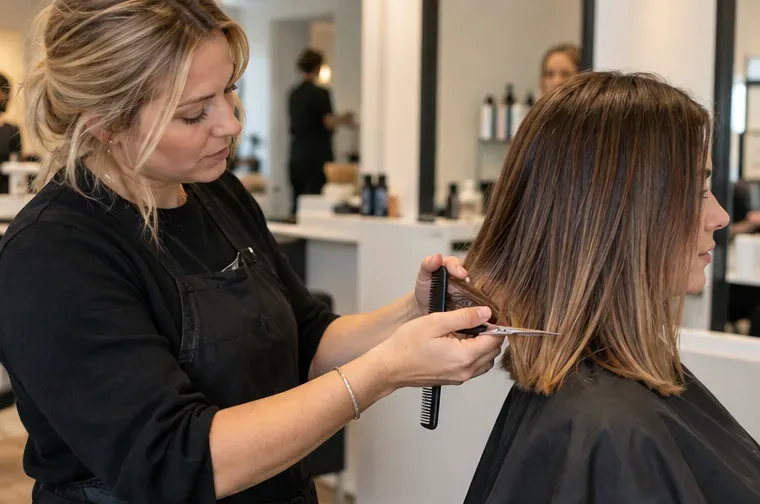 Een kapper houdt een kam bij de haarpunten van een klant en bereidt een kleine onderhoudsknip voor