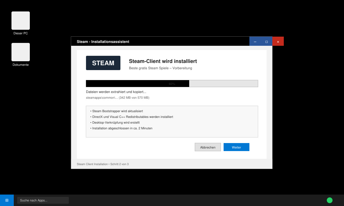 Steam Client Installationsschritt auf dem Desktop