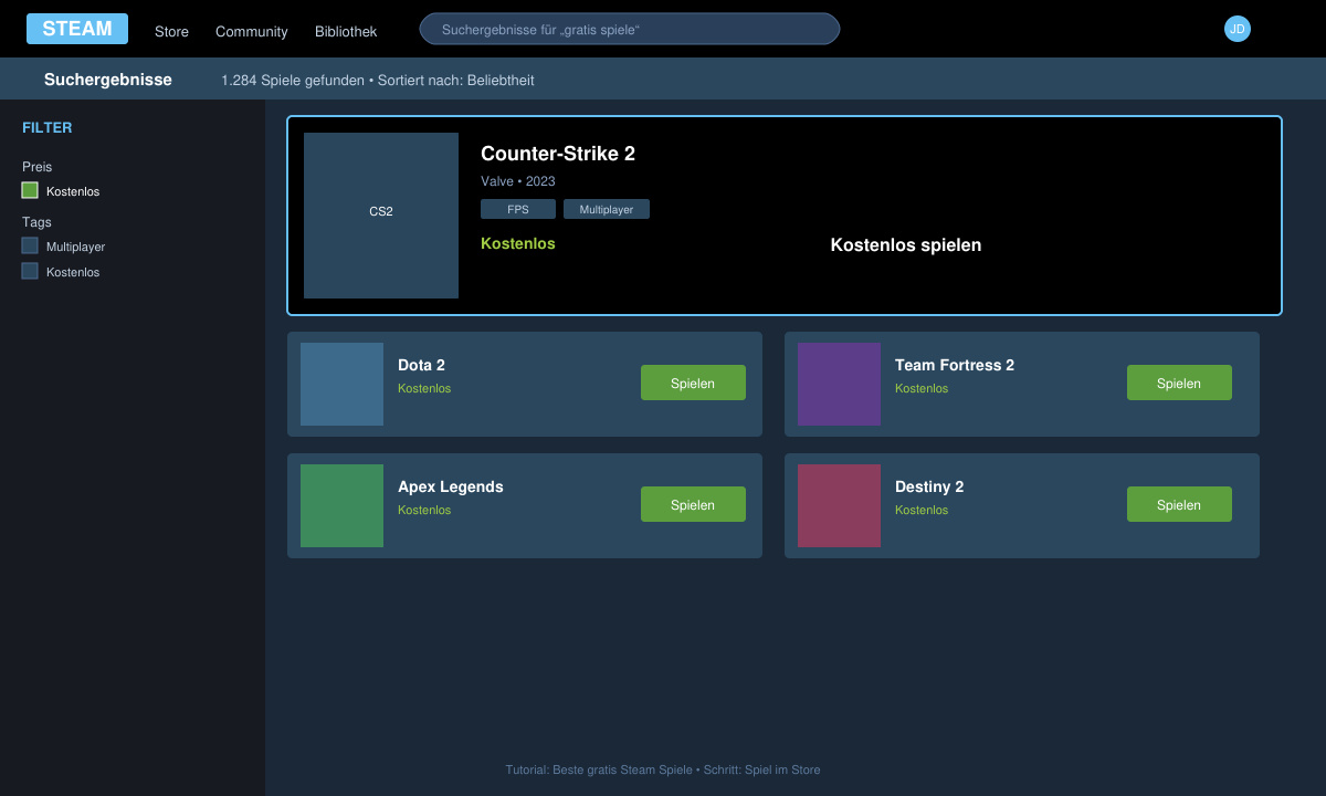 Steam Store Seite mit gratis Spiel im Suchergebnis