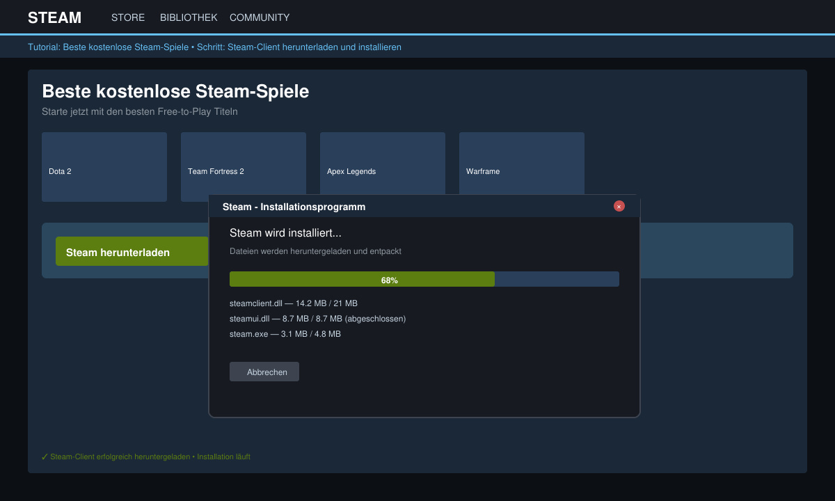 Steam Installationsfenster mit Download-Button und Fortschrittsanzeige