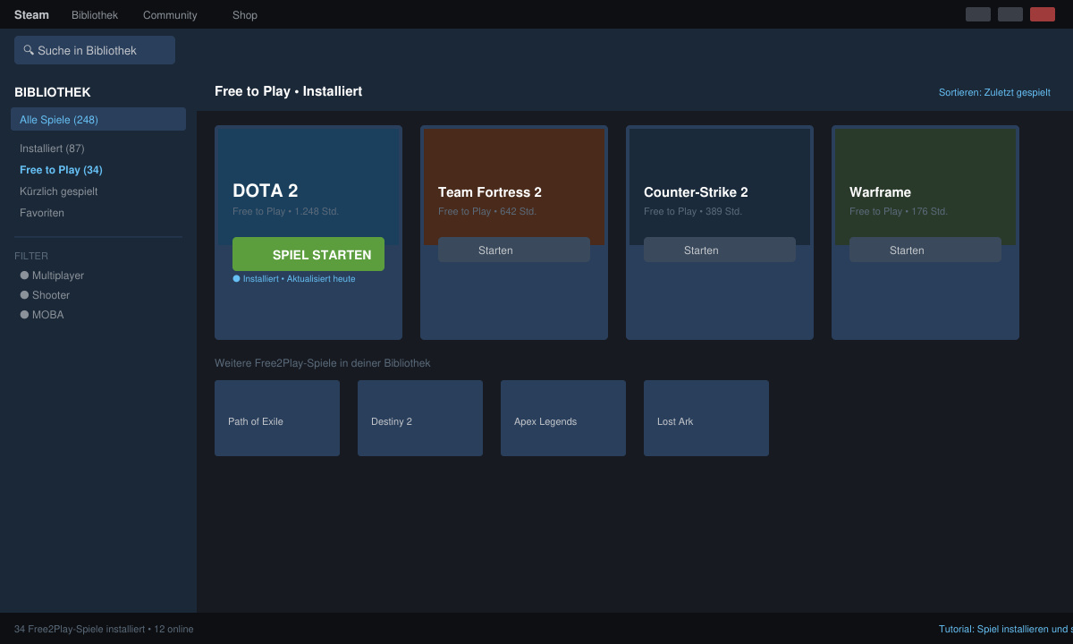 Steam Bibliothek mit installierten kostenlosen Spielen und grünem „Spielen“-Button