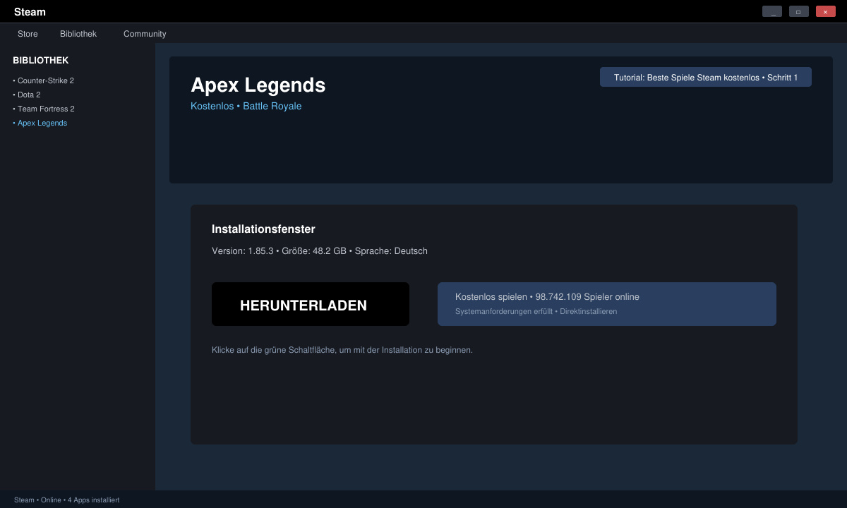 Steam Installationsfenster mit grüner Download-Schaltfläche