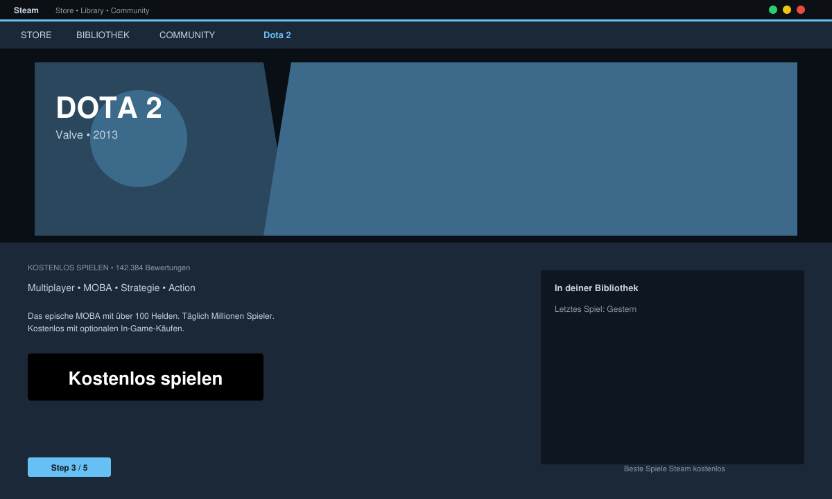 Steam Detailseite eines kostenlosen Spiels mit dem Button „Kostenlos spielen“