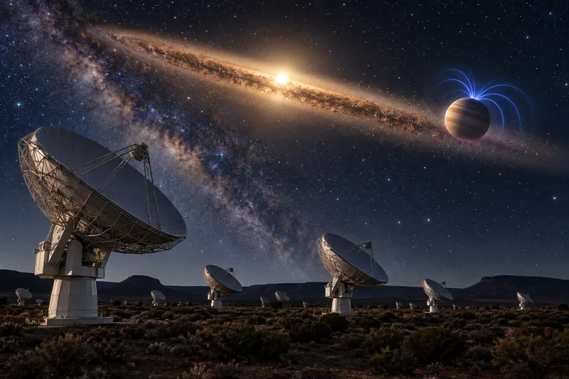 Radio telescope dishes under a star-filled sky with a conceptual giant exoplanet and auroral magnetic arcs