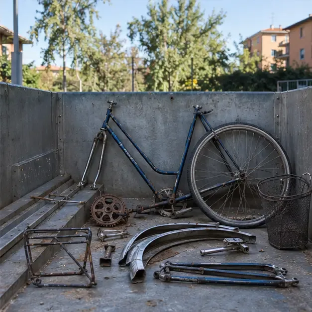 Telaio, ruota e componenti metallici di una bicicletta sono raccolti in un’area di conferimento.