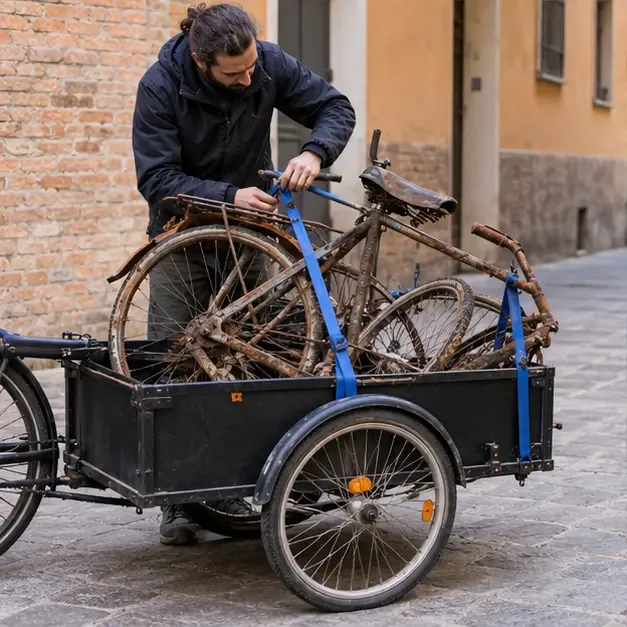 Una bicicletta molto usurata è fissata con cinghie su un rimorchio da carico.