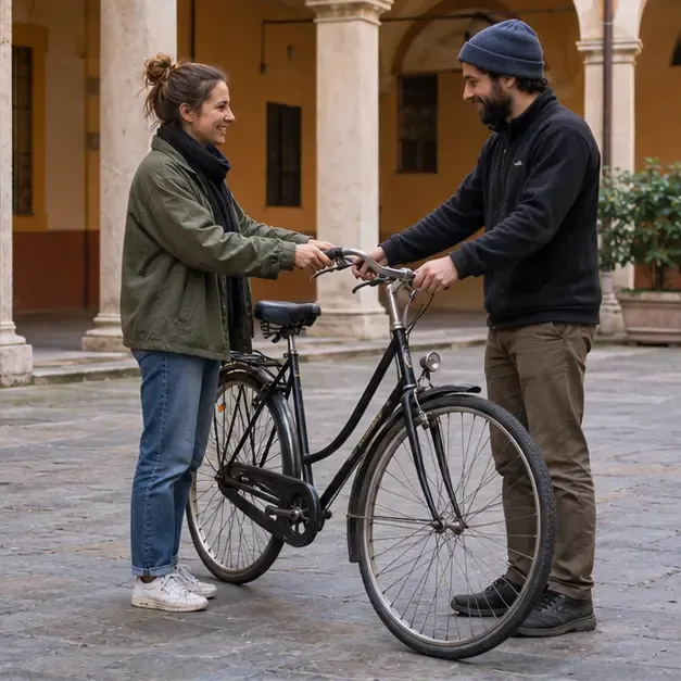 Due persone si passano una bicicletta funzionante in un cortile di Bologna.
