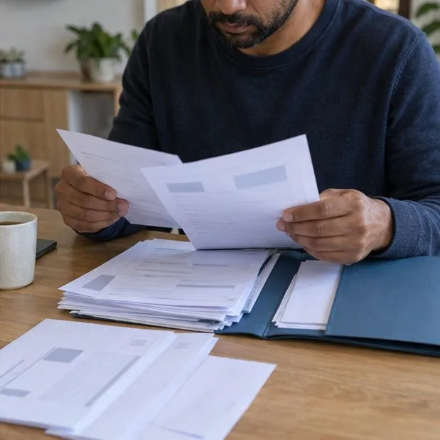Een man bekijkt papieren documenten en sorteert bankafschriften en formulieren op tafel