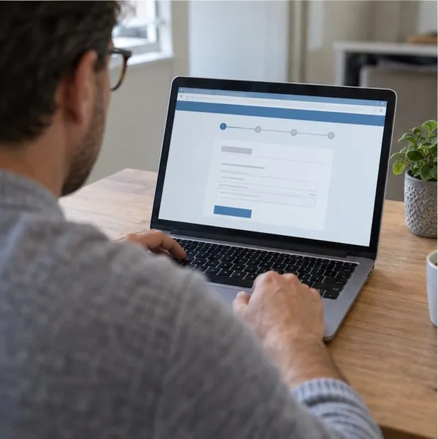 Een man vult aan een tafel een digitaal formulier in op een laptop