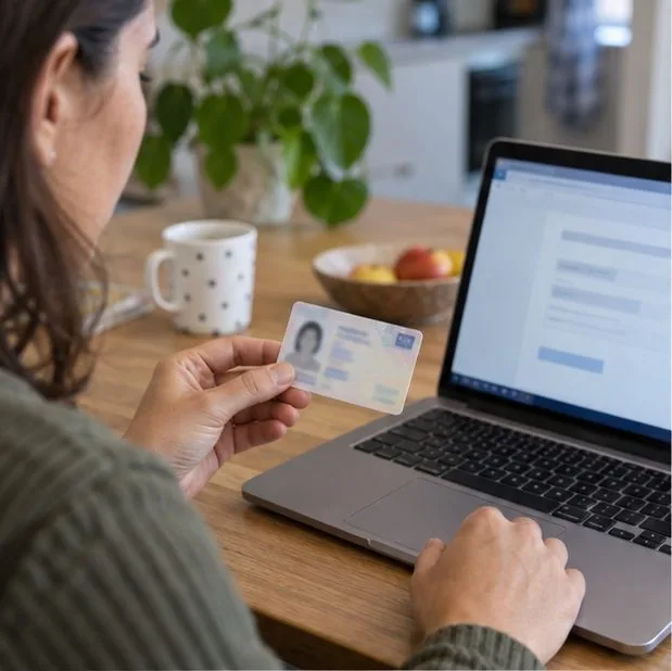 Een aanvrager houdt een identiteitsbewijs naast een laptop aan een keukentafel