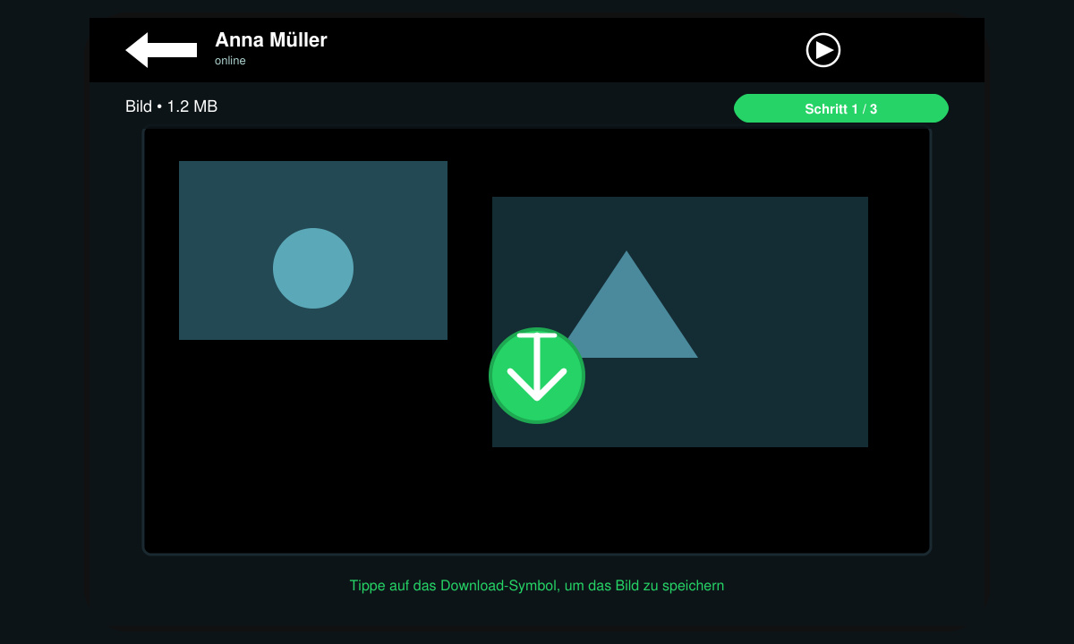 Nahaufnahme eines WhatsApp-Chats mit einem geöffneten Bild und dem Download-Symbol