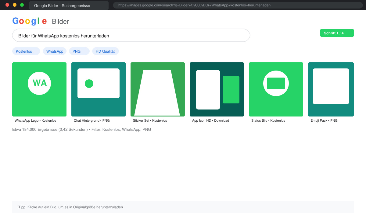 Suchergebnisseite mit gefilterten Bildern für WhatsApp