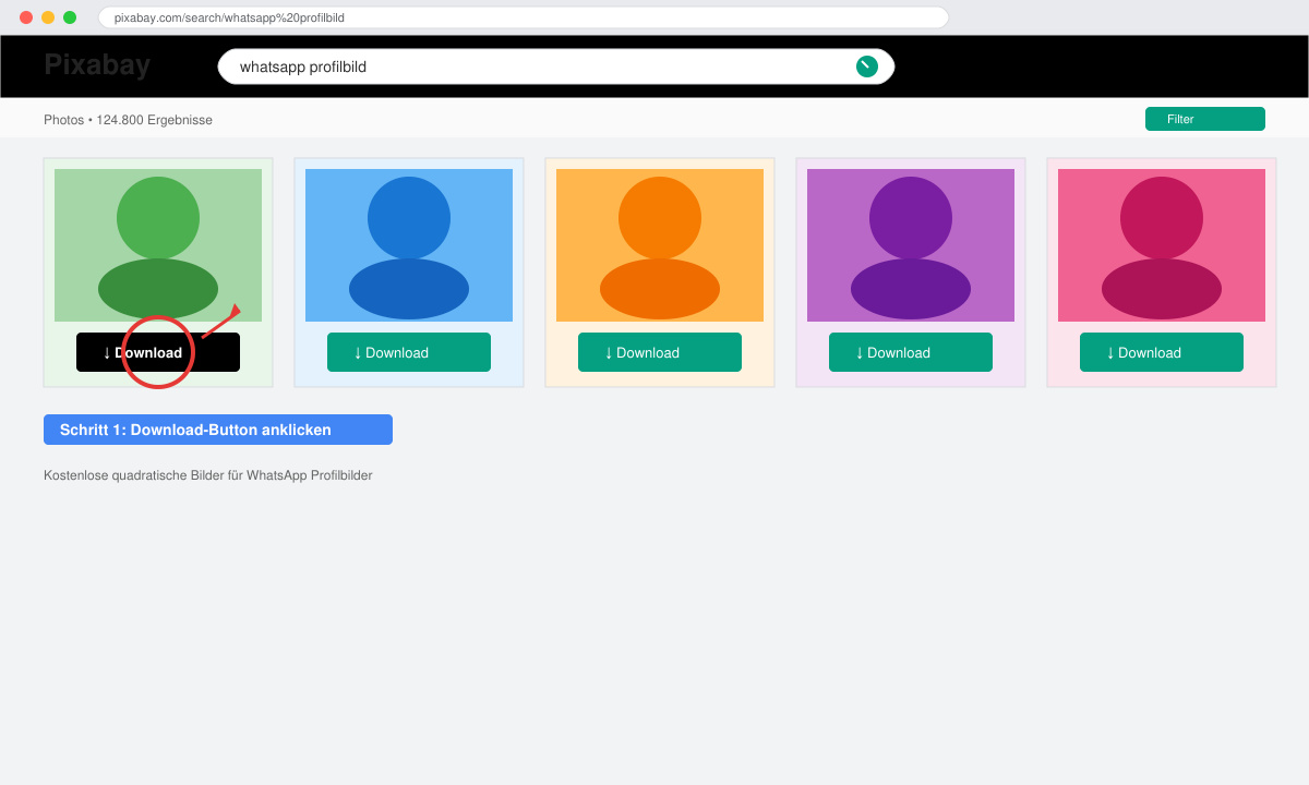 Screenshot der Pixabay-Suchergebnisse mit markiertem Download-Button für ein quadratisches Bild