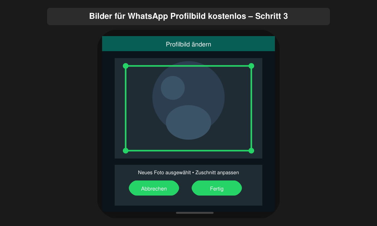 WhatsApp-Profilbild-Einstellung auf einem Smartphone mit ausgewähltem neuen Foto und Zuschnitt-Rahmen