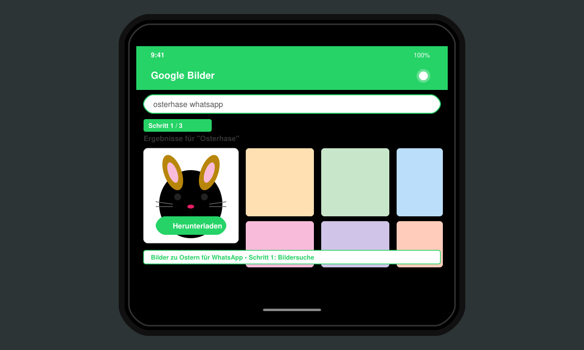 Smartphone-Bildschirm mit geöffneter Bildersuche und Download-Button bei einem Osterhasen-Motiv
