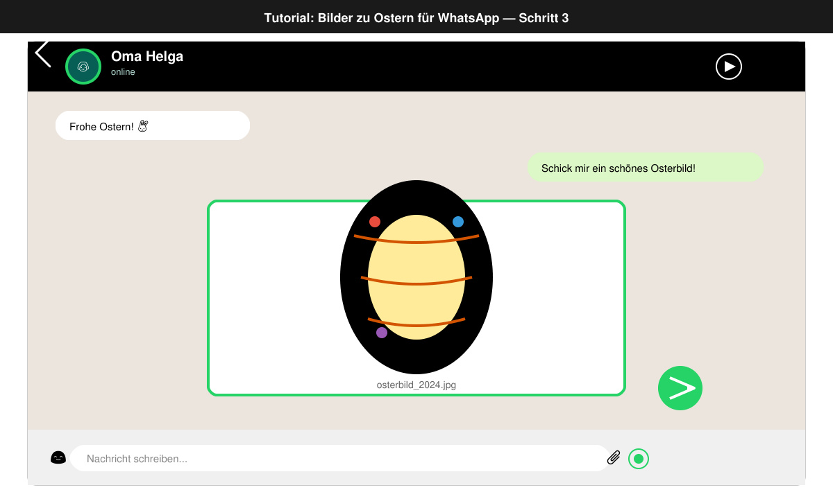 WhatsApp-Chat-Fenster mit ausgewähltem Osterbild und Senden-Button
