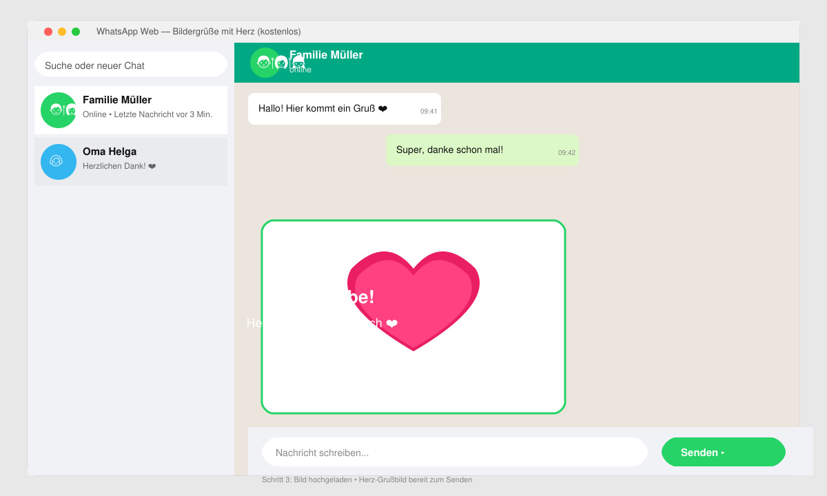 WhatsApp-Chat-Fenster mit hochgeladenem Herz-Grußbild und Sende-Button