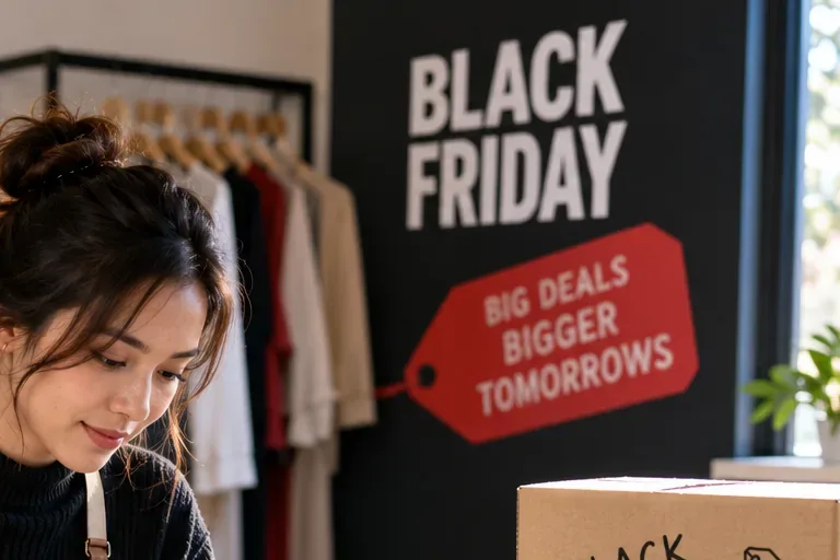 Small online store owner working beside a Black Friday promotion sign and packed merchandise