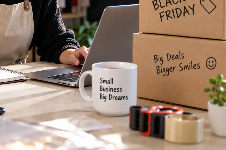 Laptop, packing tape, Black Friday boxes, and planning materials on an e-commerce worktable