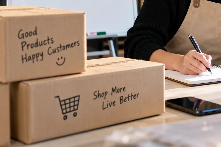 Packed cardboard boxes and an order notebook in a small e-commerce fulfillment workspace