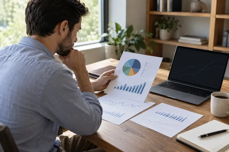 An investor compares printed portfolio charts beside a laptop in a home office
