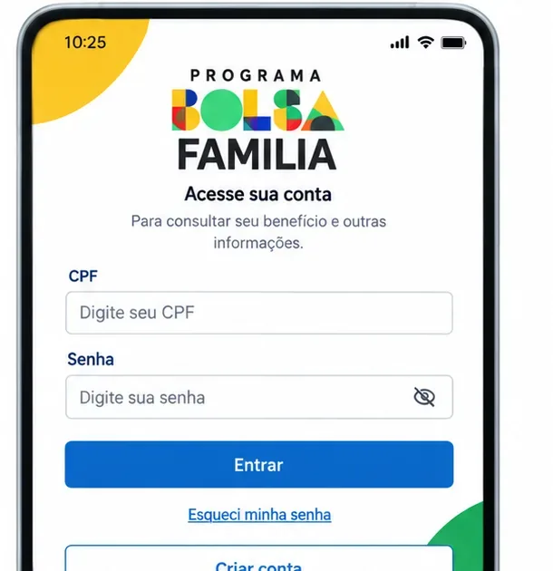 Tela de acesso do Bolsa Família com campos de CPF e senha