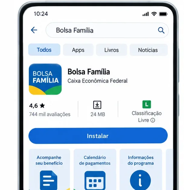 Tela de loja de aplicativos mostrando Bolsa Família e Caixa Econômica Federal como desenvolvedor