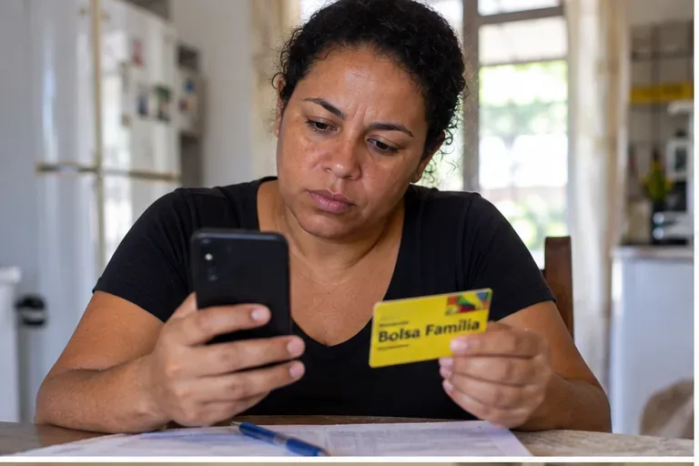 Mulher em casa conferindo o celular e um cartão do Bolsa Família antes de verificar a data de pagamento pelo NIS