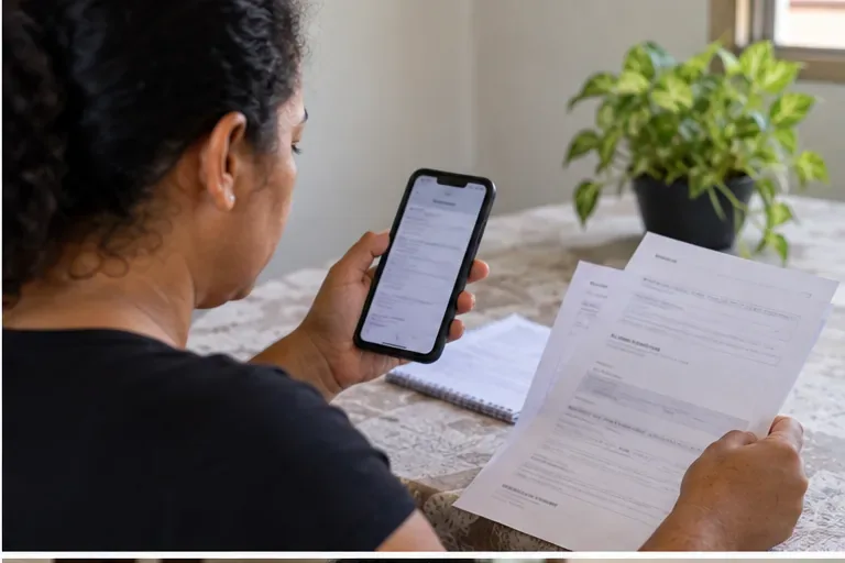 Mulher conferindo informações no celular enquanto compara os dados com documentos impressos sobre a mesa