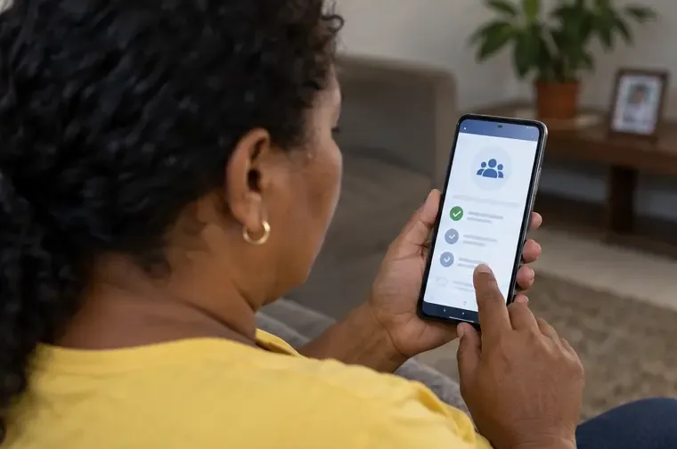 Pessoa consultando em um celular a situação de um benefício social em uma tela genérica