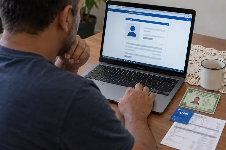 Pessoa consultando informações de CPF em um computador ao lado de documentos de identificação