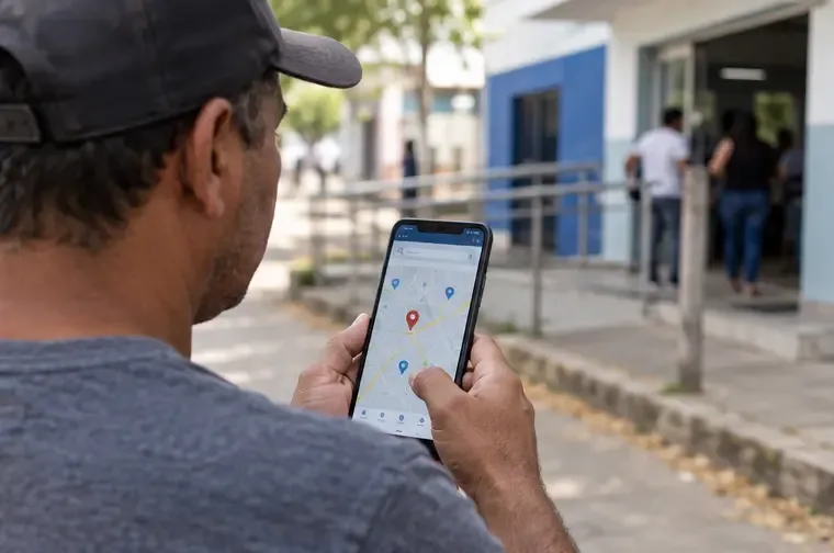 Pessoa usando o celular para localizar um posto de atendimento público em um mapa