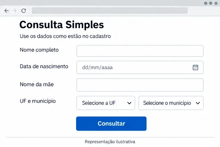 Tela ilustrativa da Consulta Simples com campos para nome completo, data de nascimento, nome da mãe, estado e município.