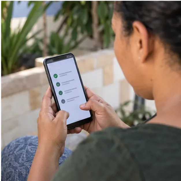 Pessoa consulta no celular uma tela genérica de acompanhamento com itens de cadastro marcados