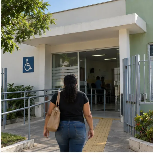Pessoa caminha pela entrada acessível de um posto municipal de assistência social para procurar atendimento do Cadastro Único