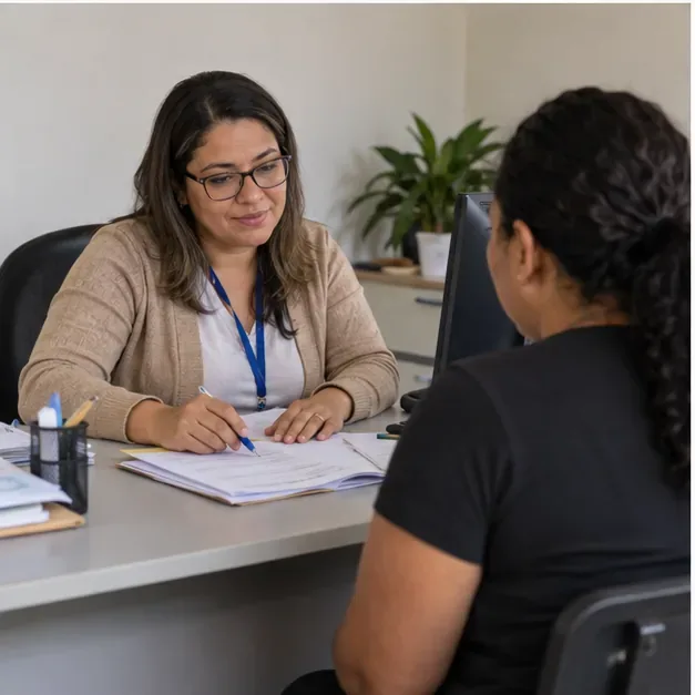 Atendente de assistência social conversa com uma moradora e revisa formulários do Cadastro Único em uma mesa