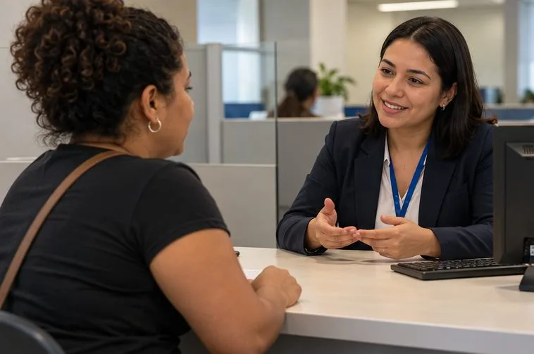 Uma mulher conversa com atendente em uma mesa de serviço bancário