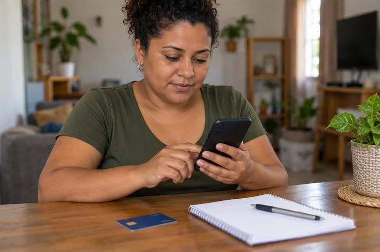 Mulher consulta o celular ao lado de um cartão bancário e de um caderno em casa