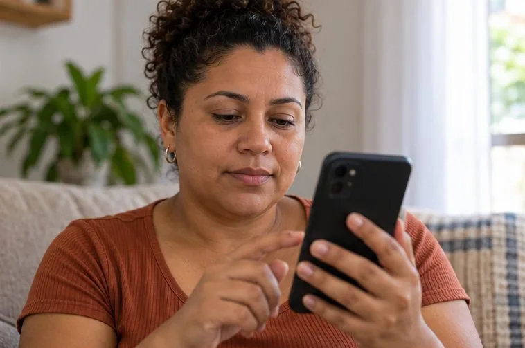 Mulher confere as informações do benefício no celular, sem detalhes de tela visíveis
