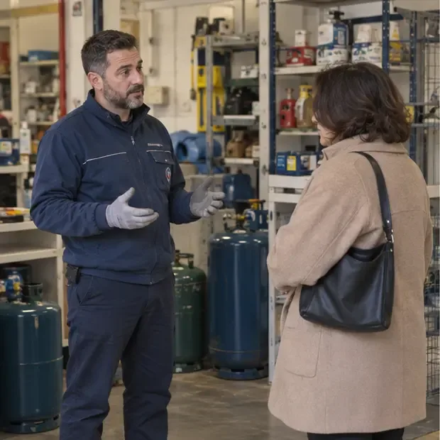 Una cliente parla con un addetto presso un rivenditore di bombole di gas
