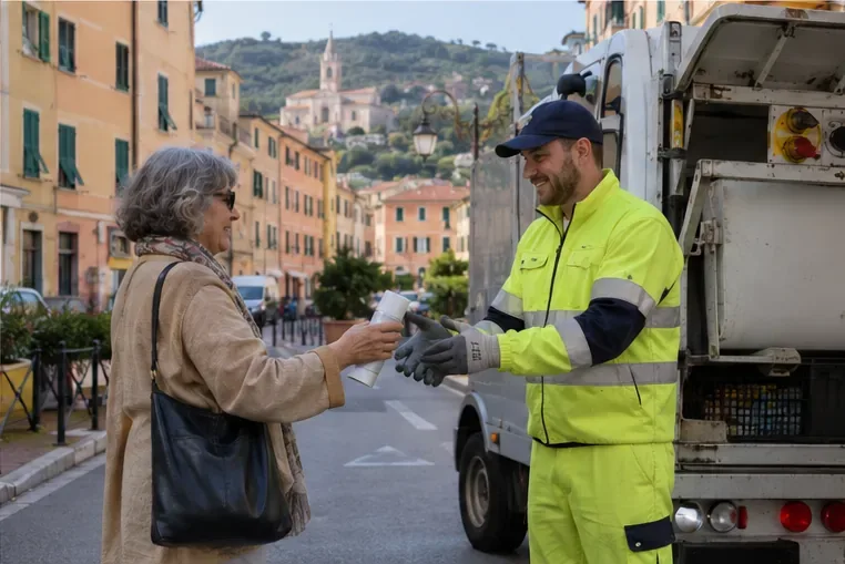 Una residente consegna una bomboletta spray a un addetto accanto a un furgone di raccolta comunale in una strada ligure